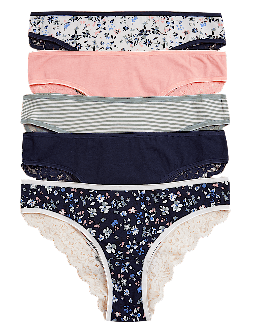 5pk Cotton & Lace Brazilian Knickers