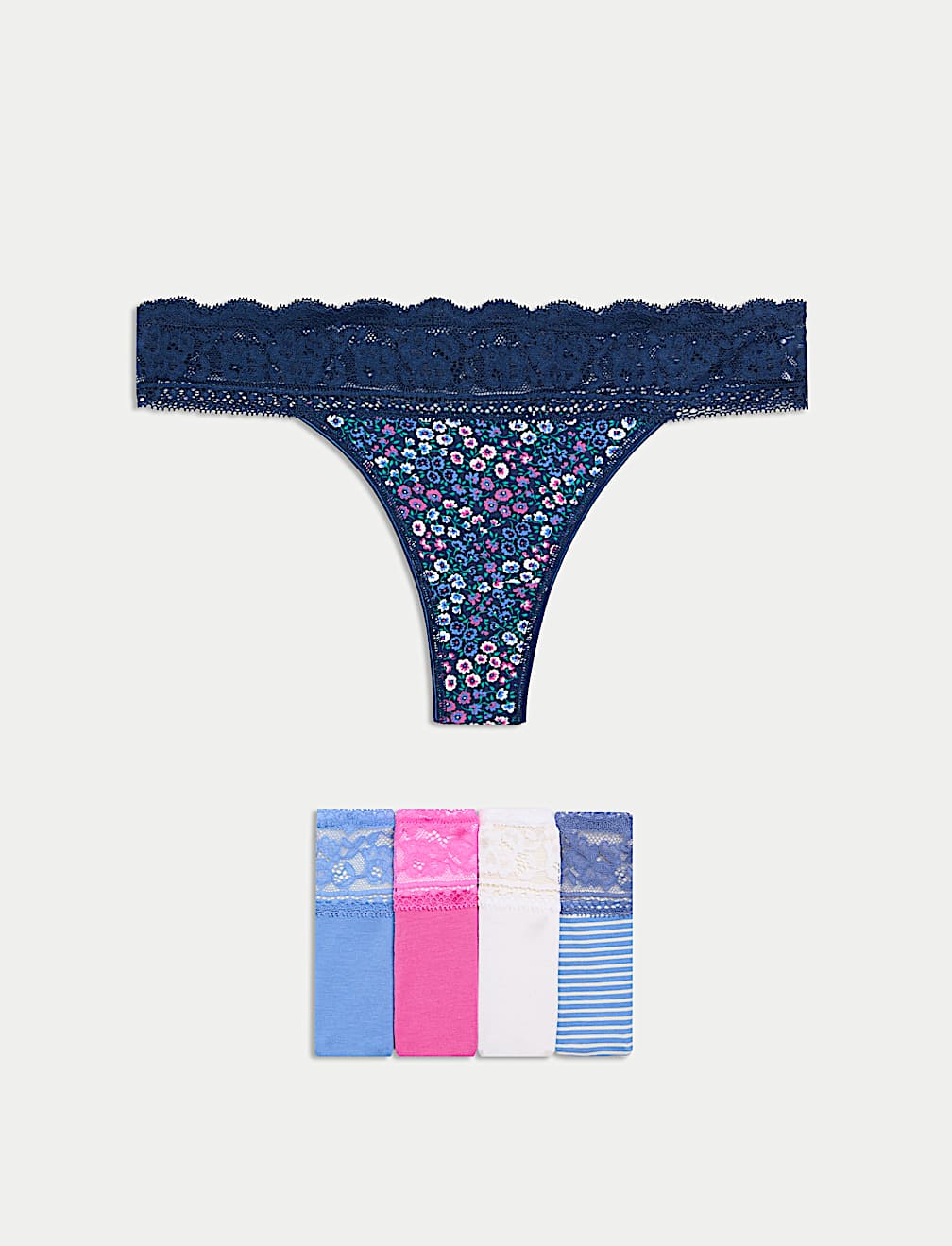 5pk Cotton & Lace Printed Thongs