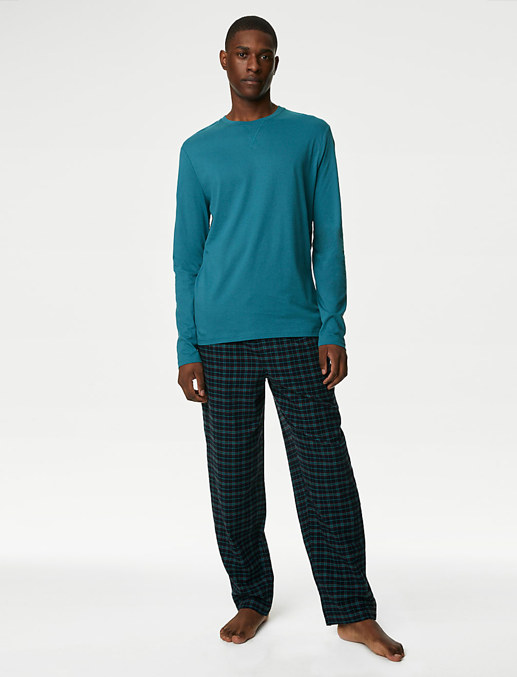 Buy Set of 2 Pure Cotton Full Sleeve T Shirt with Checked Drawstring Pajamas at Marks Spencer
