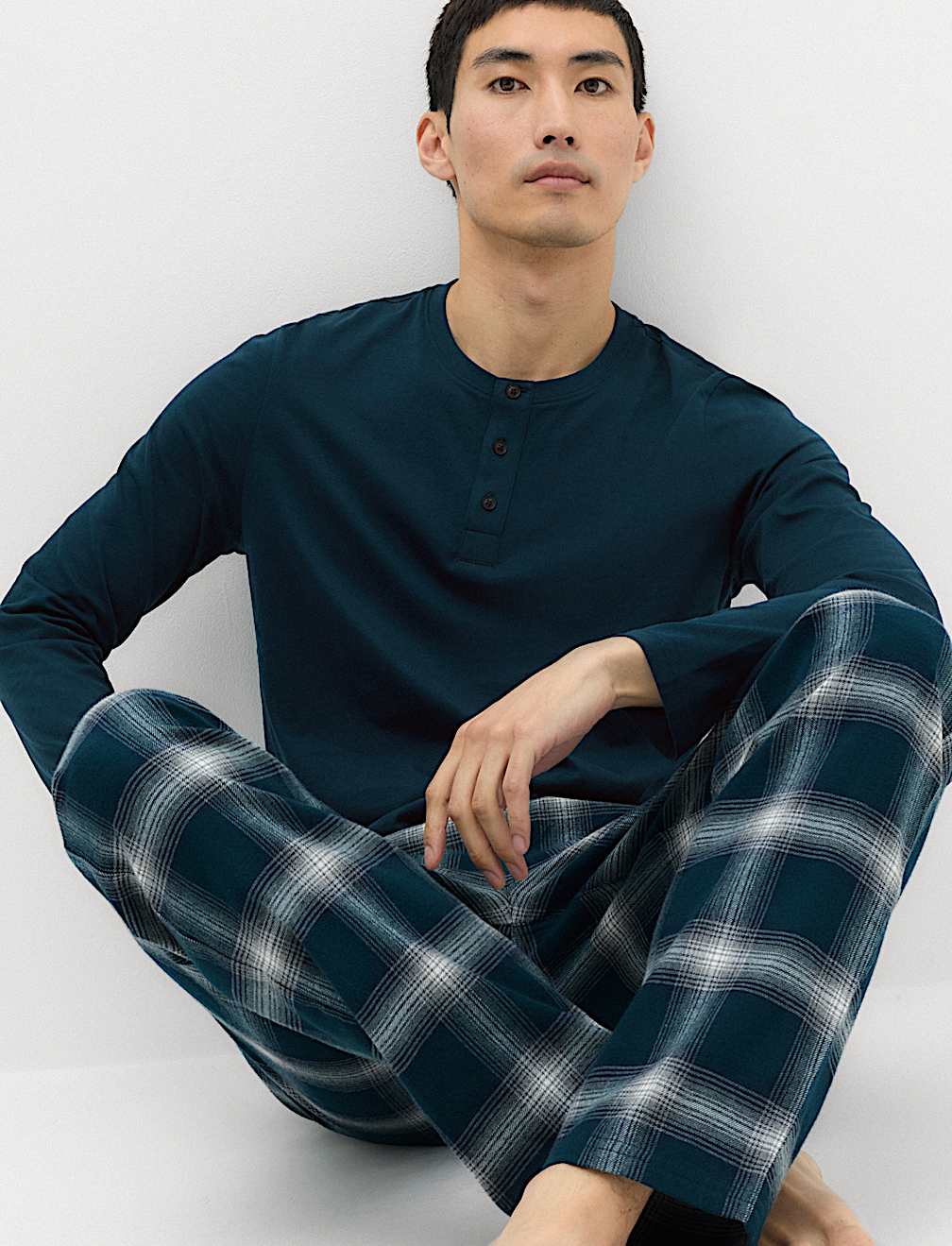 Pure Cotton Brushed Henley Checked Pyjama Set