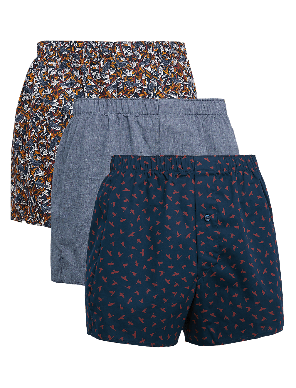 3pk Pure Cotton Bird Print Woven Boxers