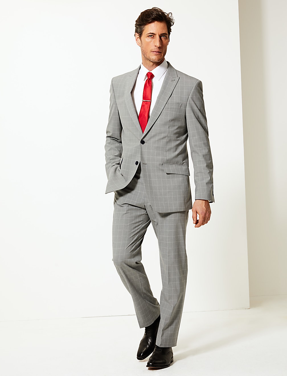Grey Checked Regular Fit Trousers with Stretch