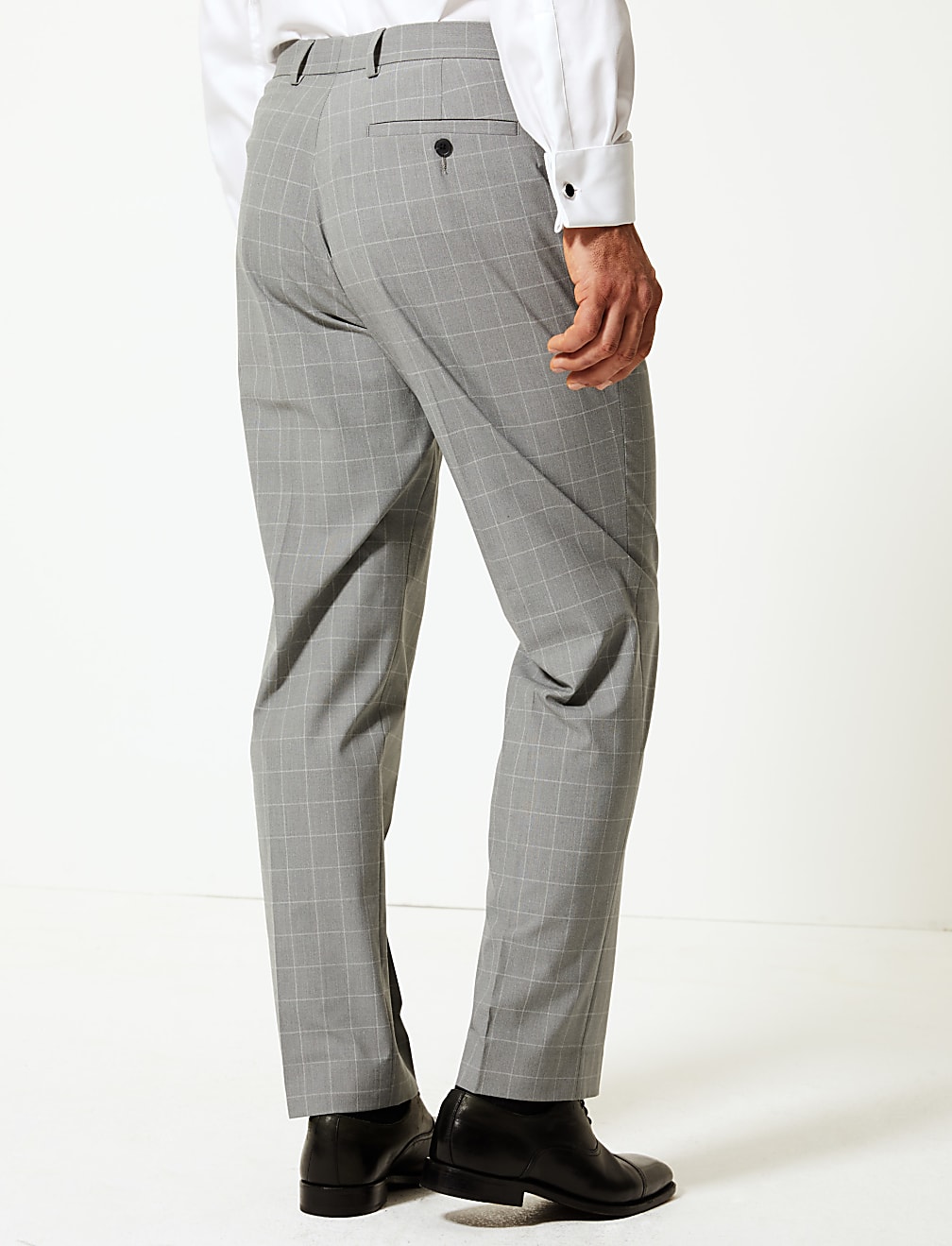Grey Checked Regular Fit Trousers with Stretch
