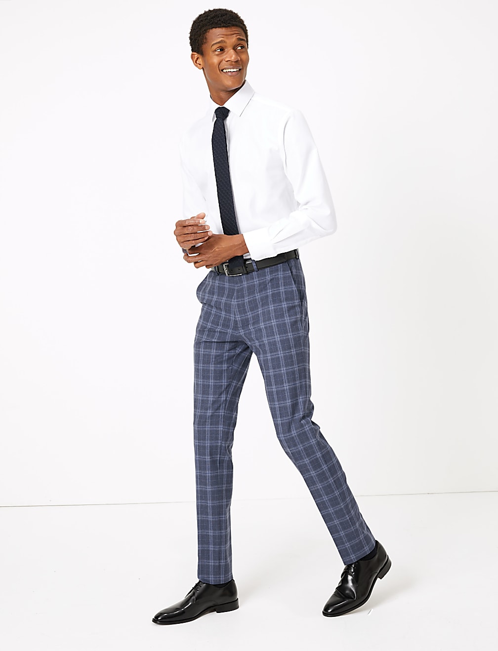 Blue Skinny Fit Checked Suit Trousers