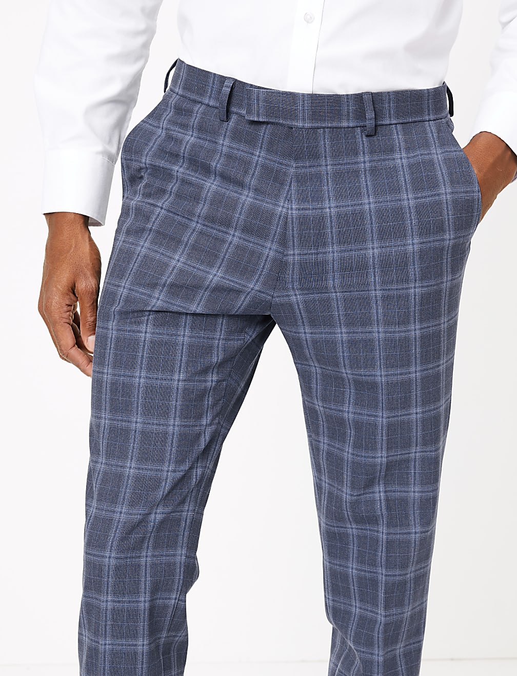Blue Skinny Fit Checked Suit Trousers