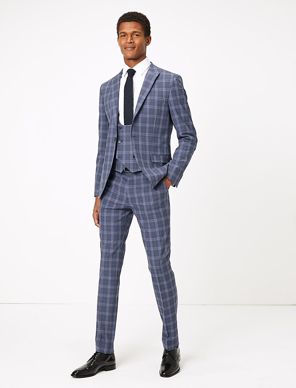 Blue Skinny Fit Checked Suit Trousers