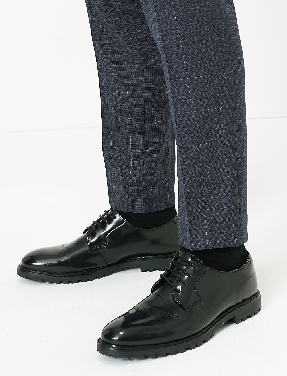 Blue Checked Slim Fit Wool Trousers