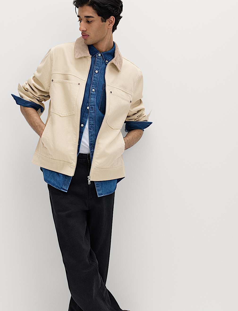 Pure Cotton Contrast Collar Denim Trucker