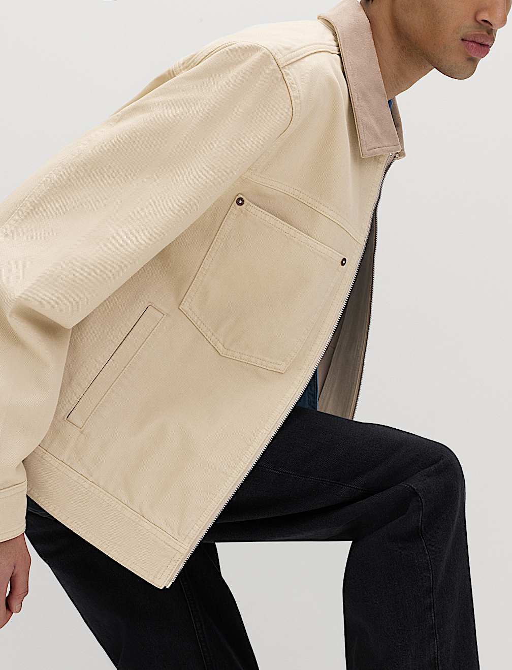 Pure Cotton Contrast Collar Denim Trucker