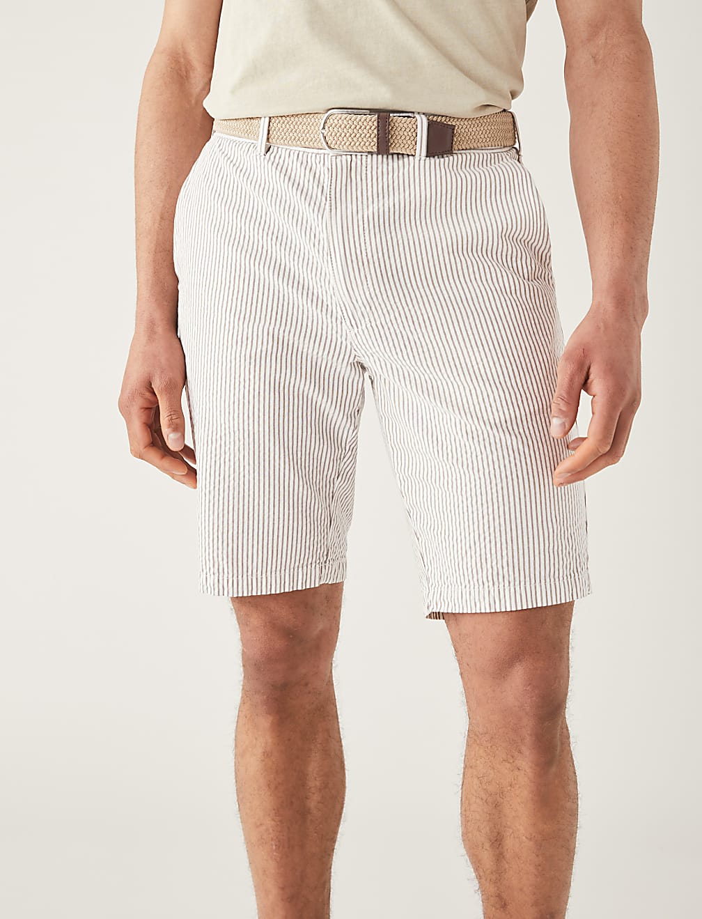 Pure Cotton Seersucker Belted Chino Shorts