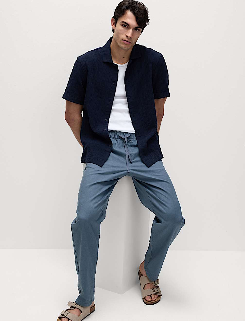 Loose Fit Cotton Linen Blend Elasticated Trousers