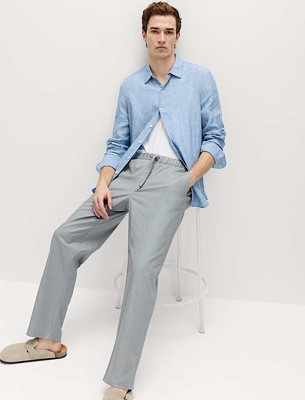 Loose Fit Linen Blend Elasticated Waist Trousers