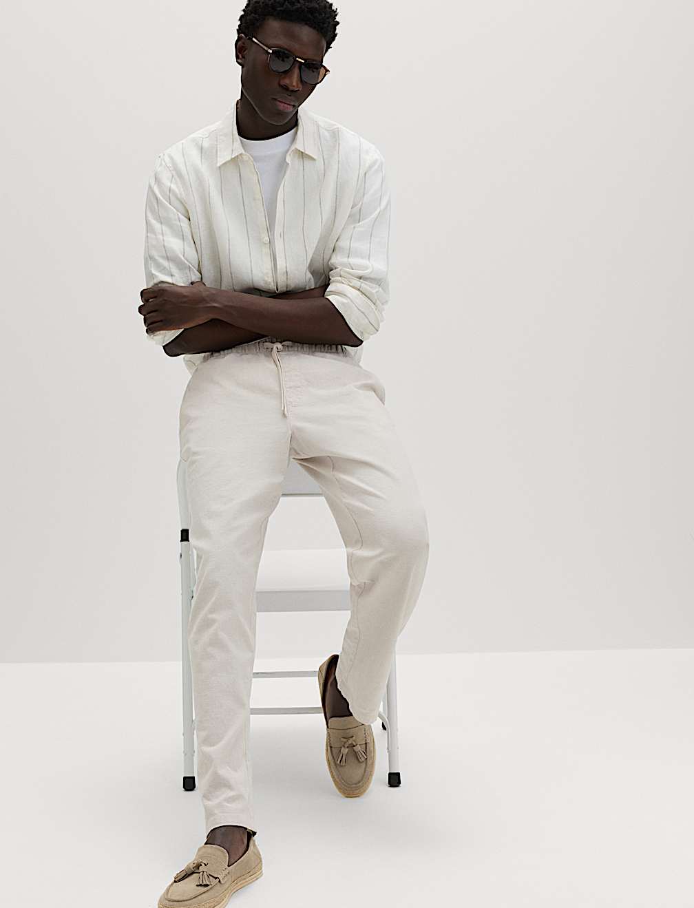 Loose Fit Linen Blend Elasticated Waist Trousers