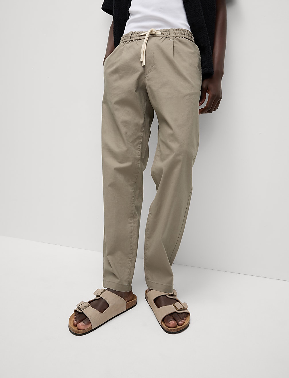 Tapered Fit Cotton Linen Blend Elasticated Trousers