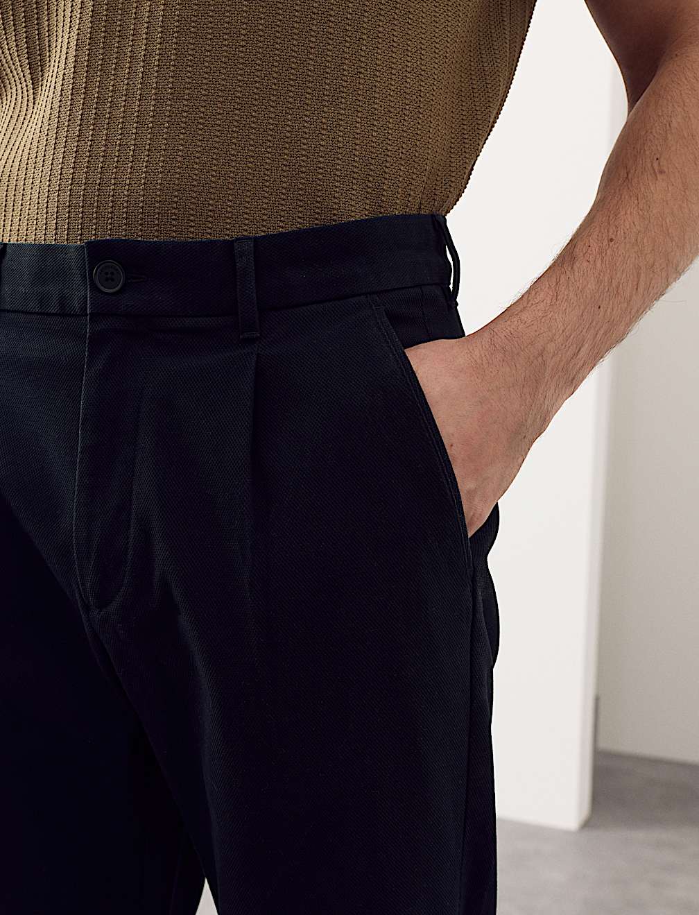 Tapered Fit Textured Dobby Pleat Front Chinos