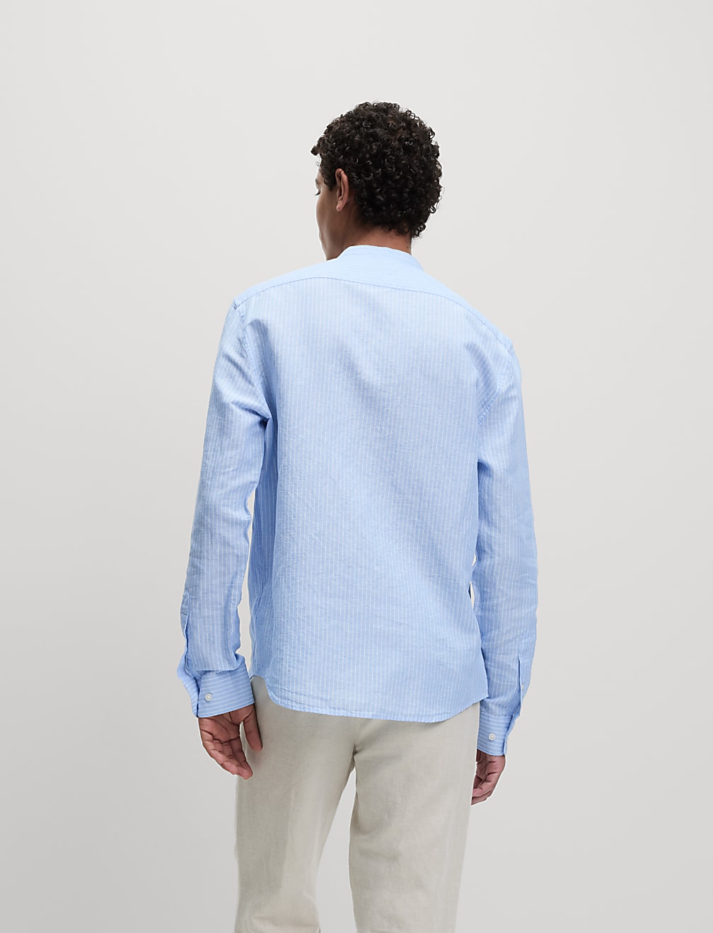 Cotton Linen Blend Striped Grandad Collar Shirt