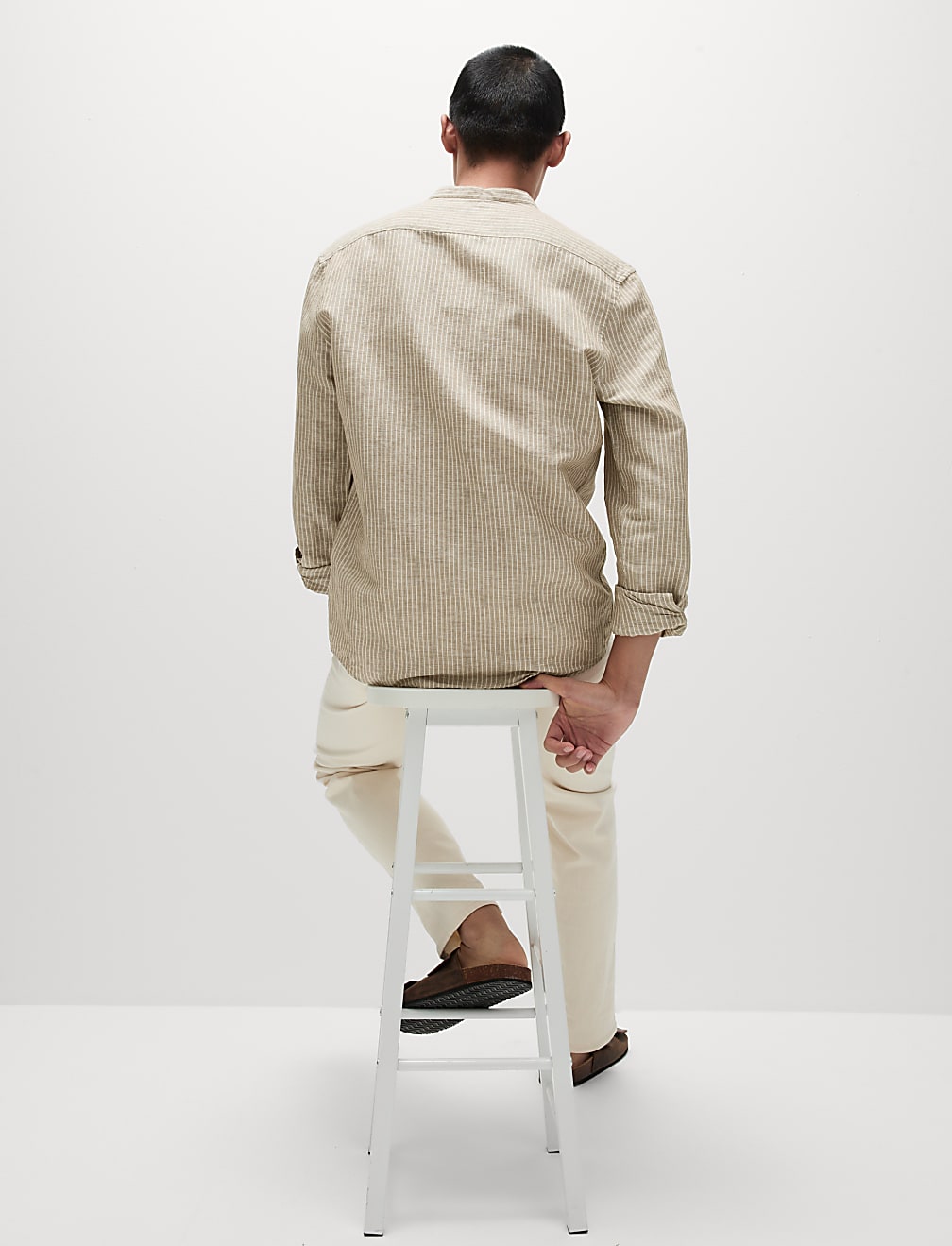 Linen Cotton Striped Grandad Collar Shirt