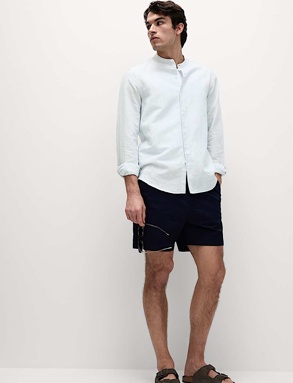 Cotton Linen Blend Grandad Collar Shirt