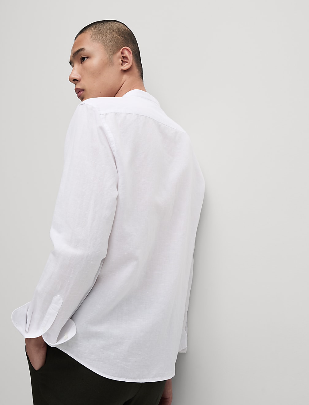 Cotton Linen Blend Grandad Collar Shirt