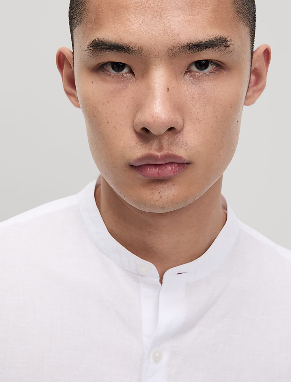 Cotton Linen Blend Grandad Collar Shirt