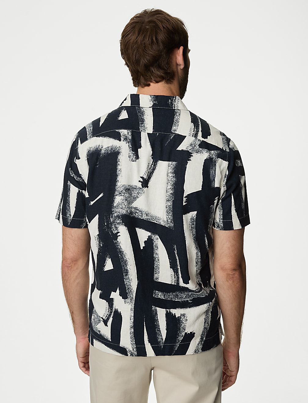 Linen Blend Abstract Print Cuban Collar Shirt