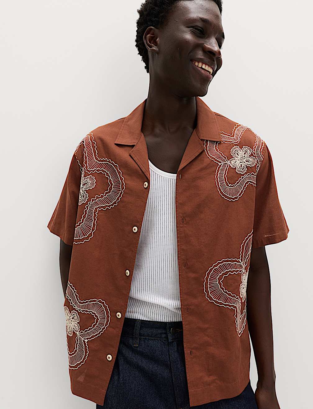 Regular Fit Cotton Linen Blend Floral Shirt