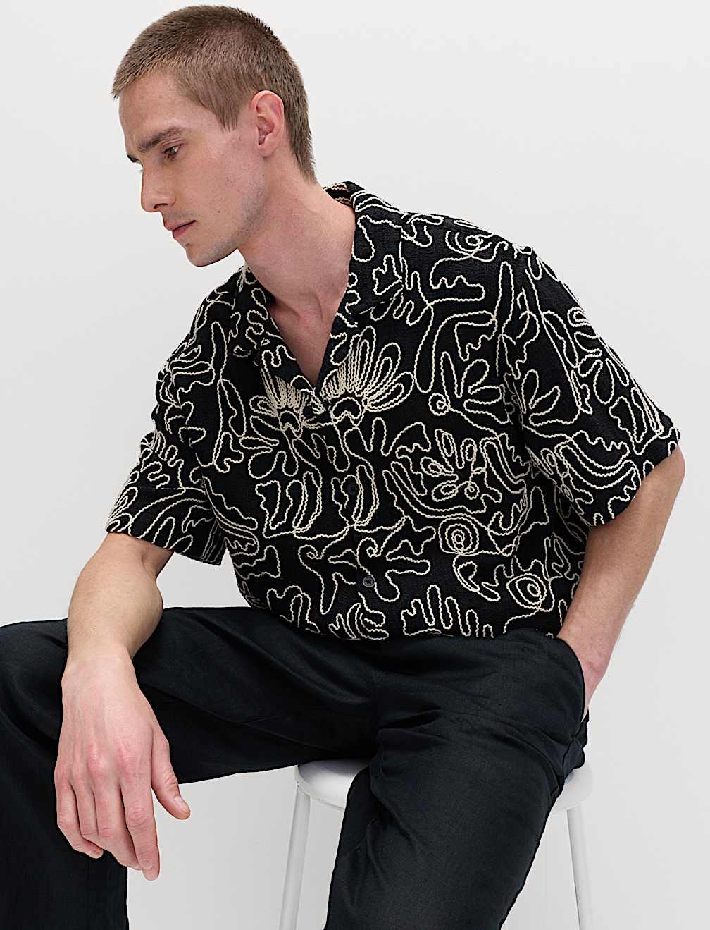 Cotton Blend Embroidered Short Sleeve Shirt