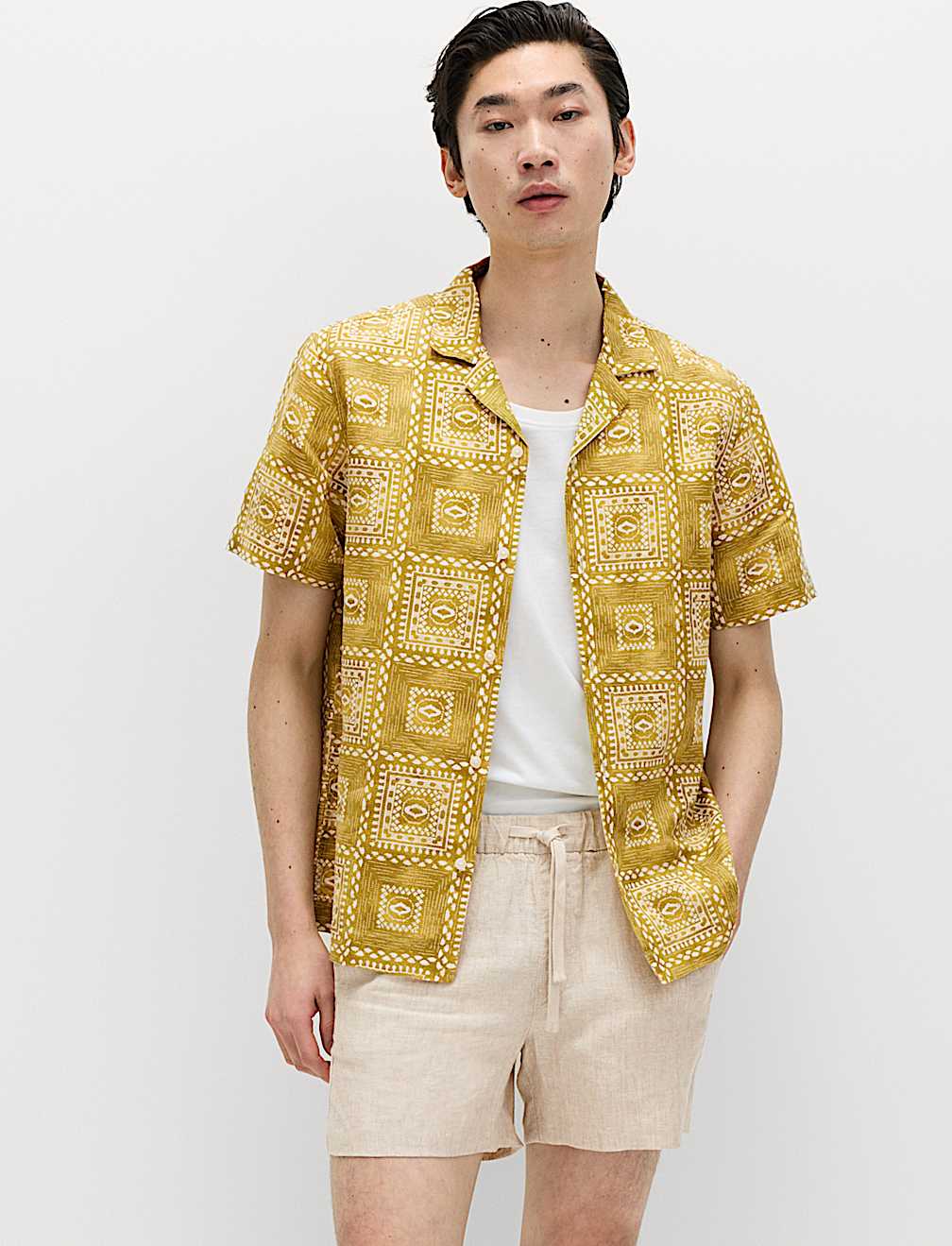 Linen Rich Abstract Tile Print Shirt