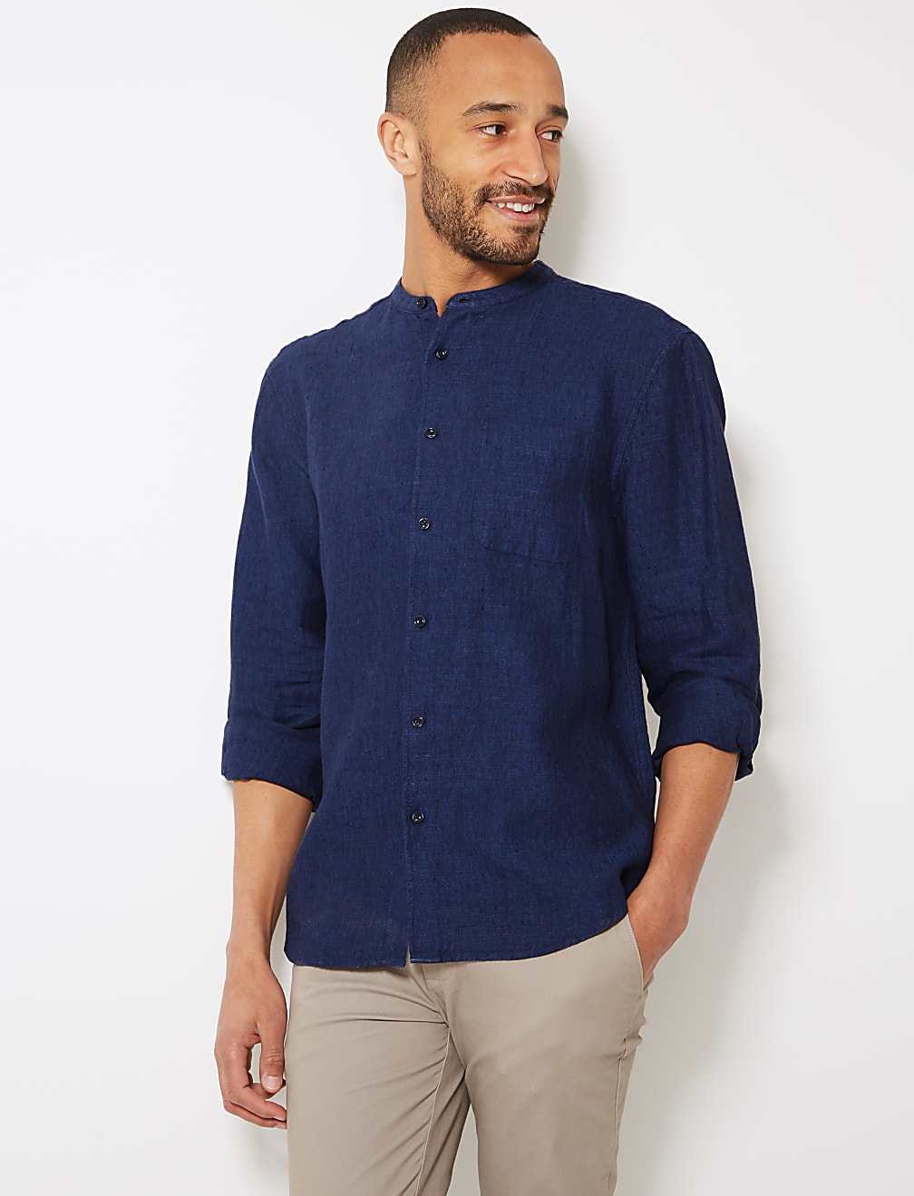 Pure Linen Grandad Shirt with Pocket