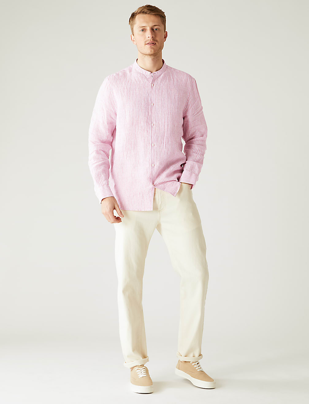 Pure Linen Striped Grandad Collar Shirt