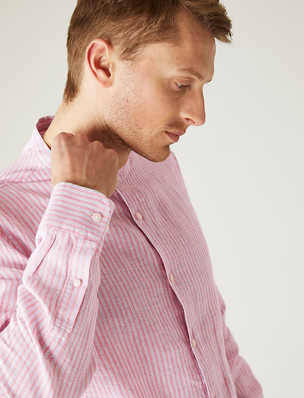 Pure Linen Striped Grandad Collar Shirt