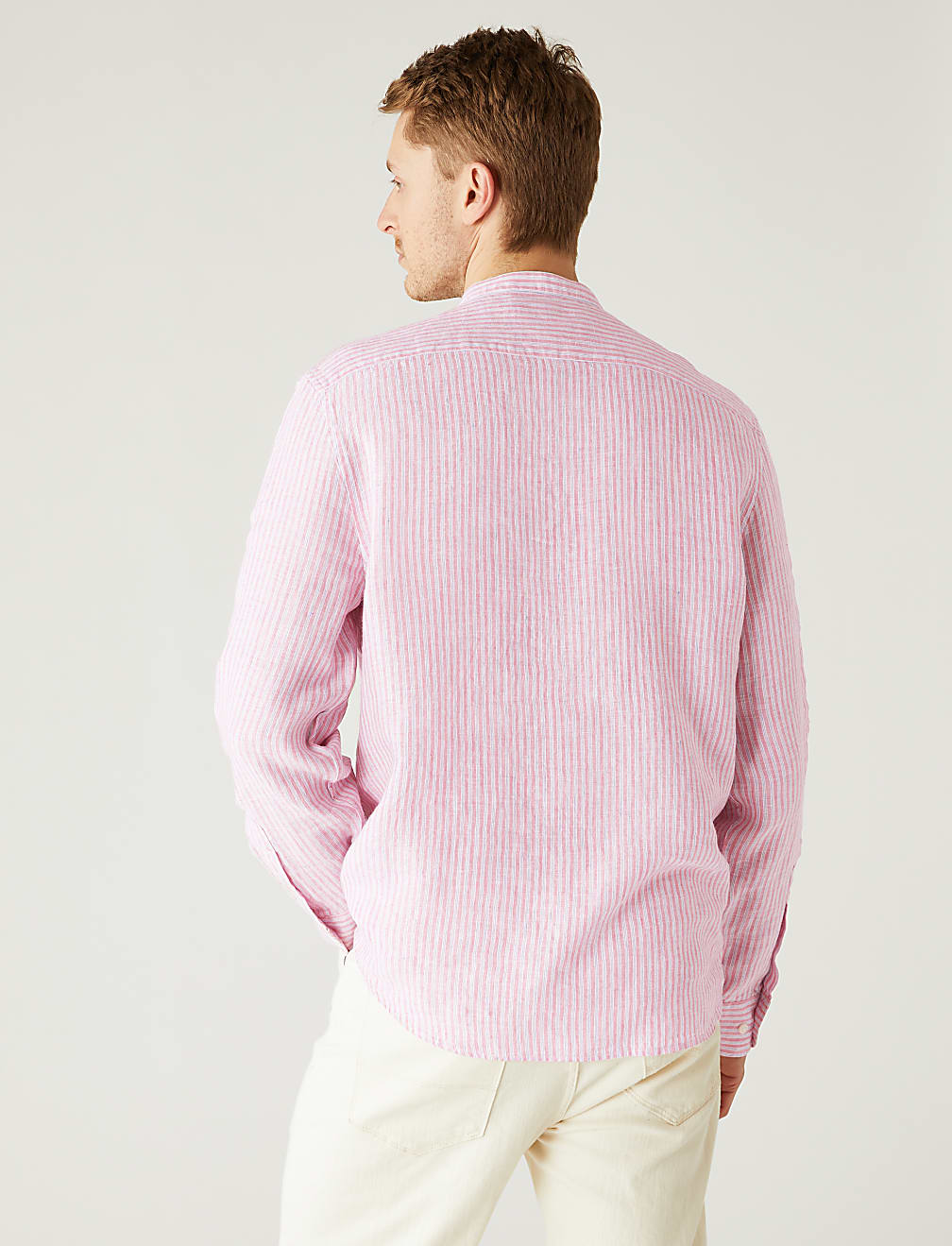 Pure Linen Striped Grandad Collar Shirt