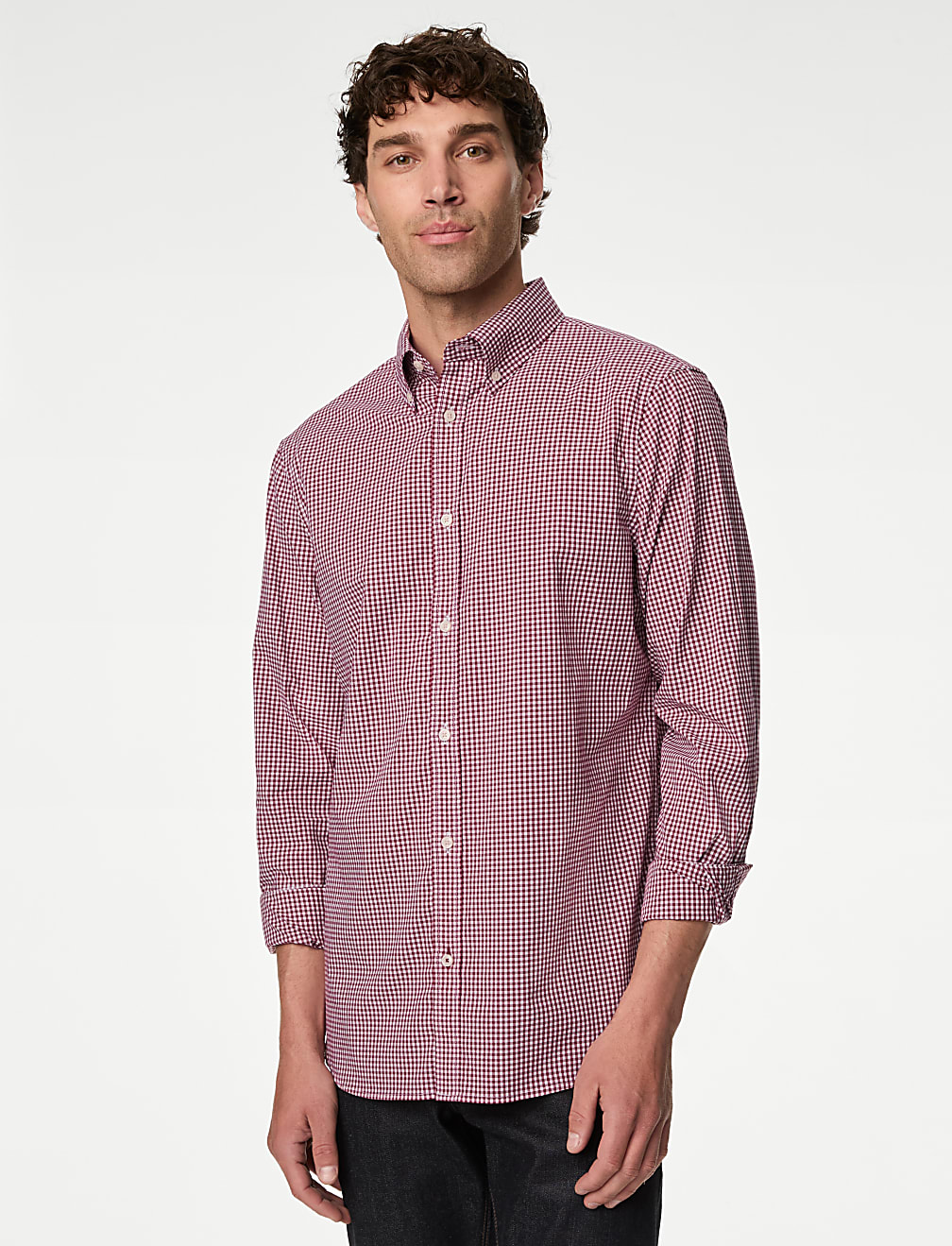 Easy Iron Cotton Stretch Gingham Oxford Shirt