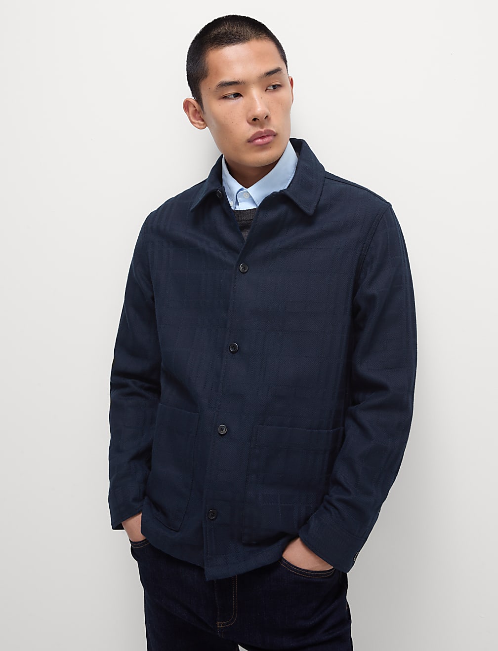 Cotton Blend Check Textured Overshirt