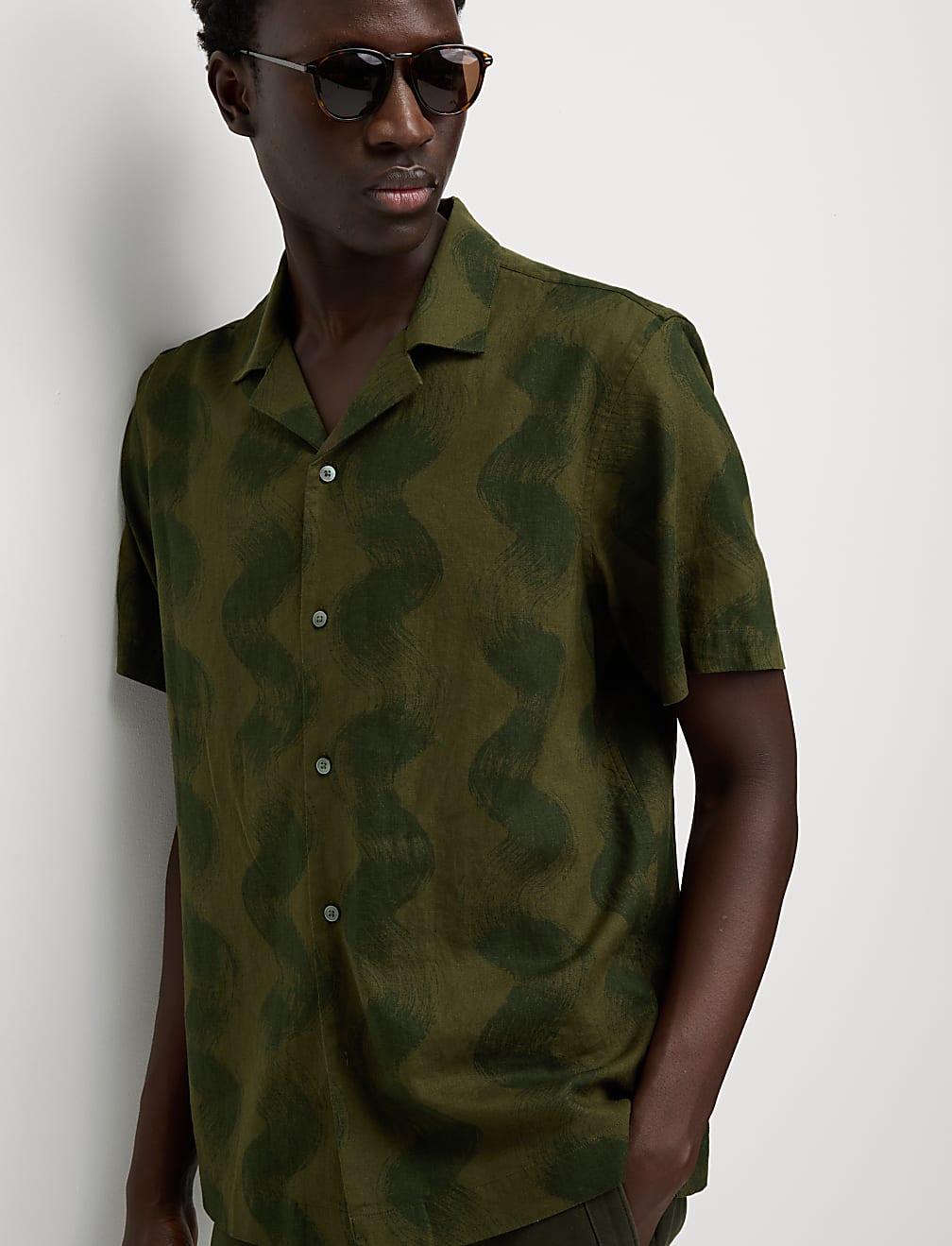 Linen Rich Cuban Collar Wave Print Shirt