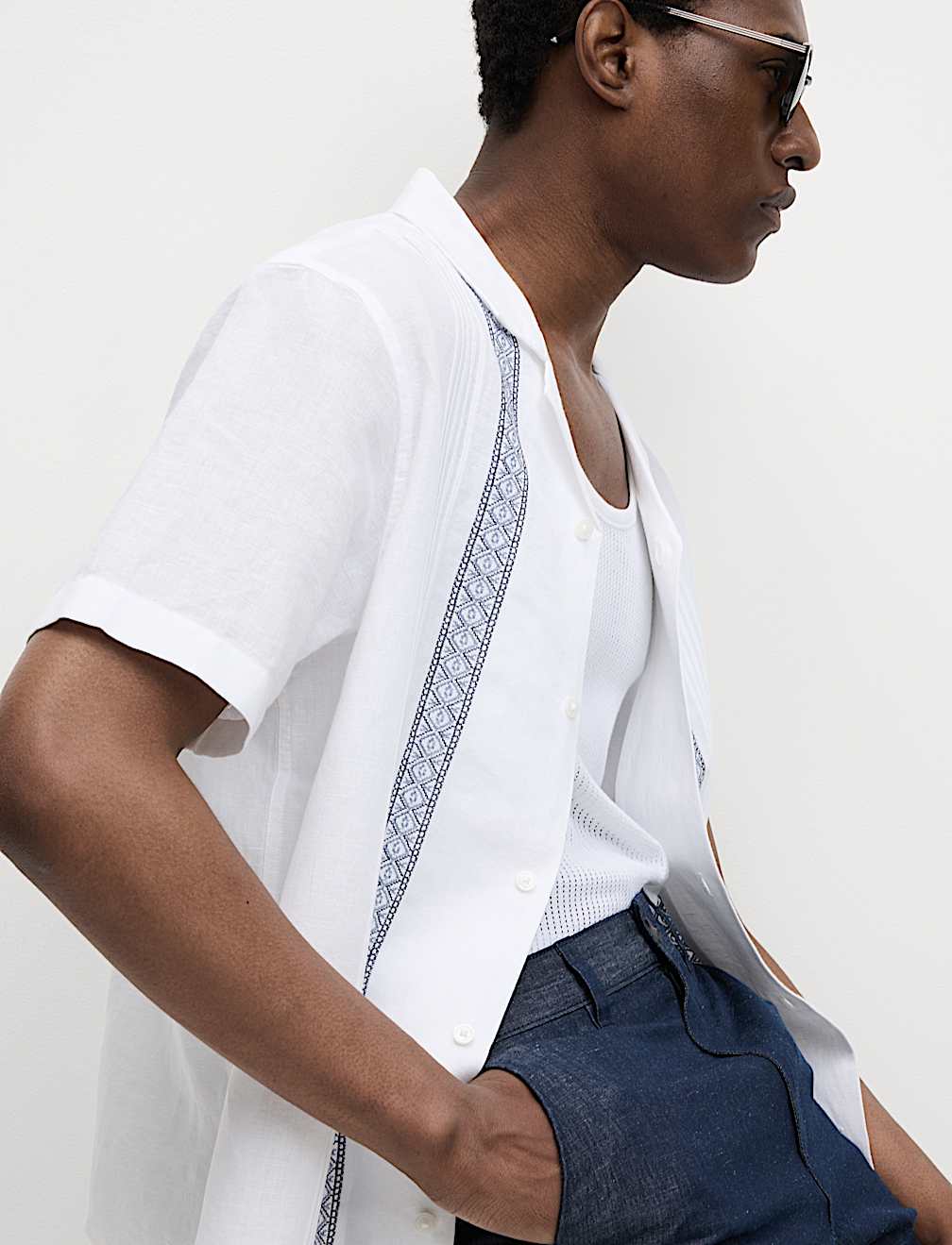 Cotton Linen Blend Embroidered Shirt