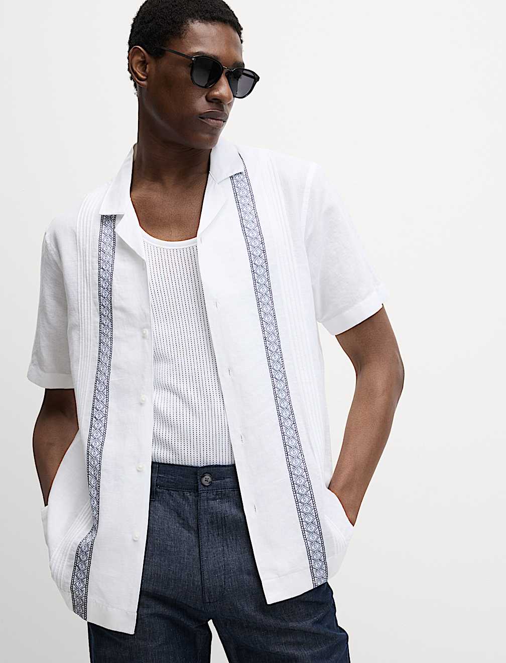 Cotton Linen Blend Embroidered Shirt