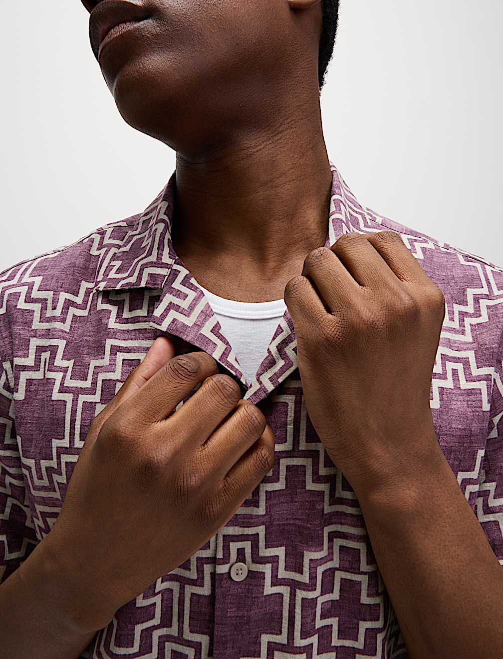 Linen Blend Geometric Print Short Sleeve Shirt