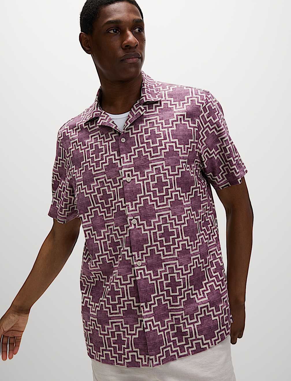 Linen Blend Geometric Print Short Sleeve Shirt