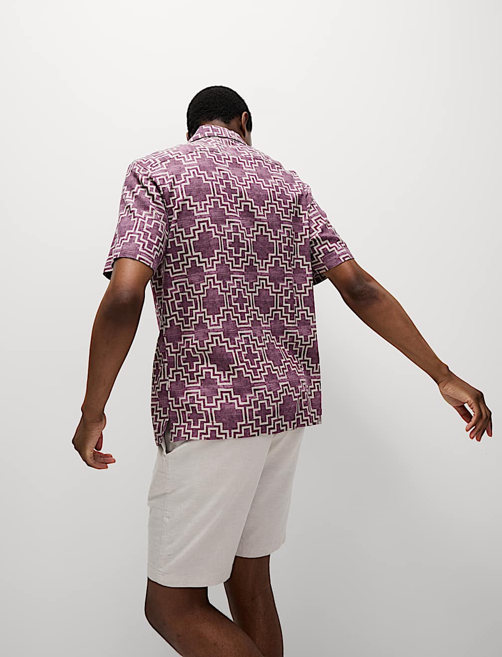 Linen Blend Geometric Print Short Sleeve Shirt