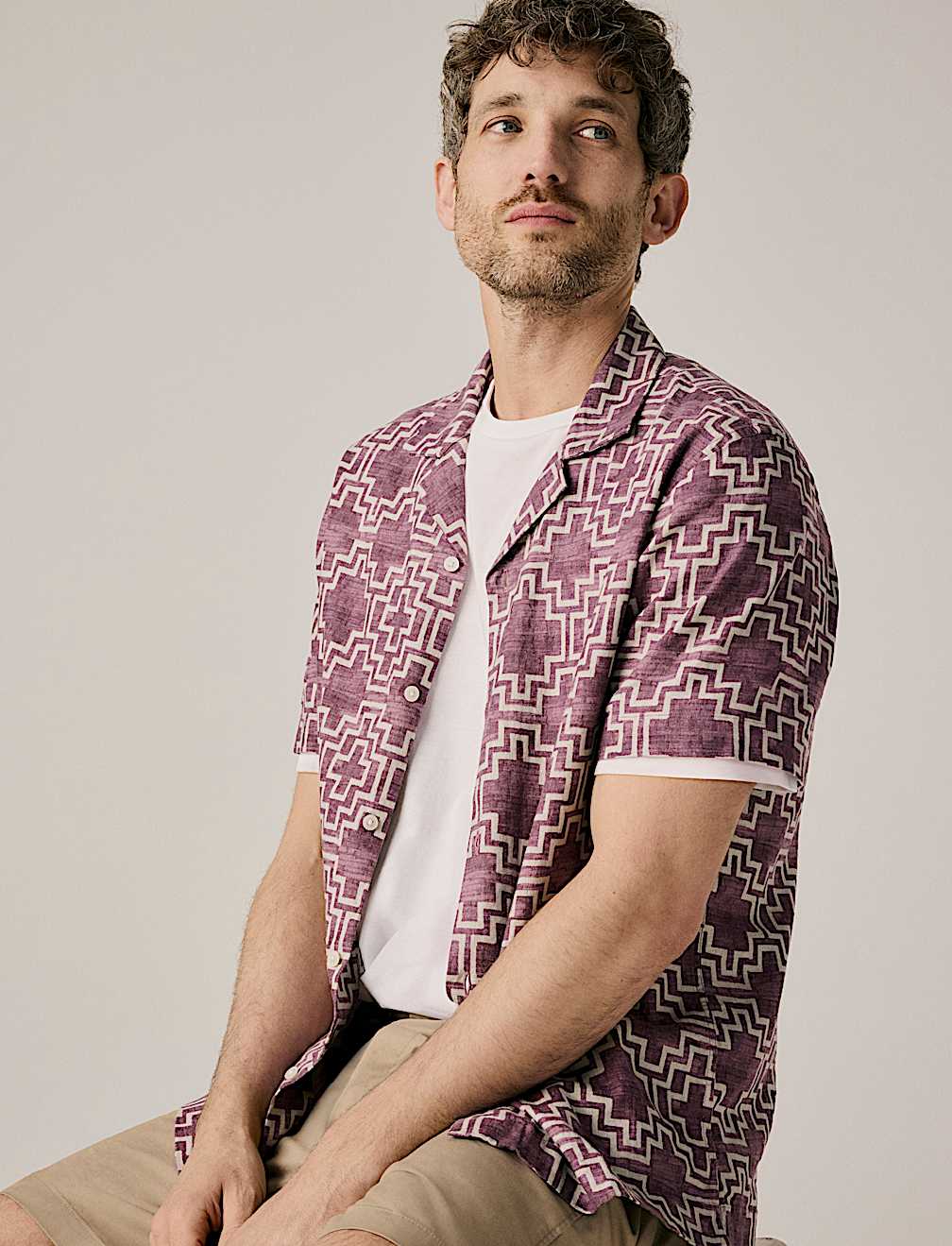 Linen Blend Geometric Print Short Sleeve Shirt