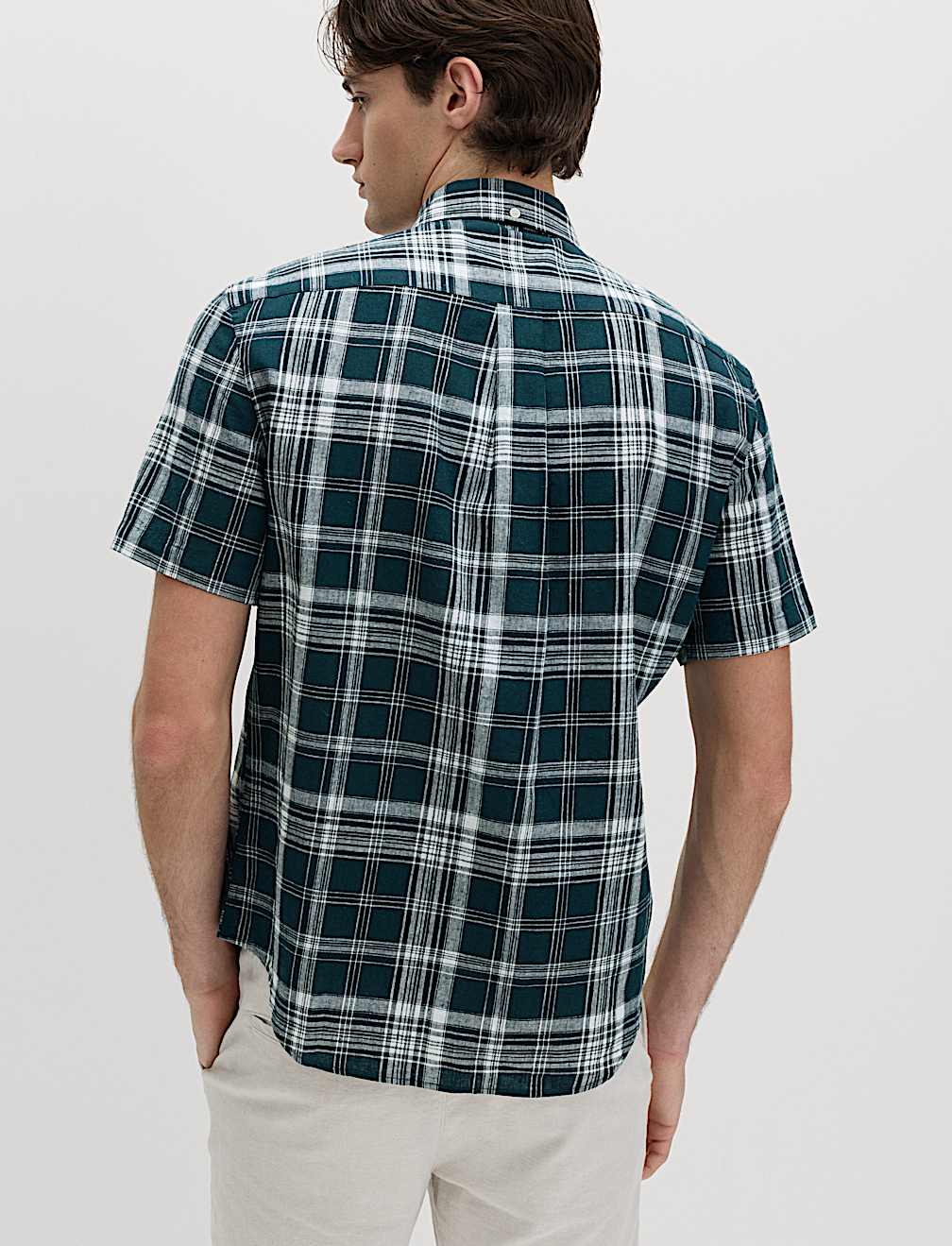 Cotton Linen Blend Check Short Sleeve Shirt