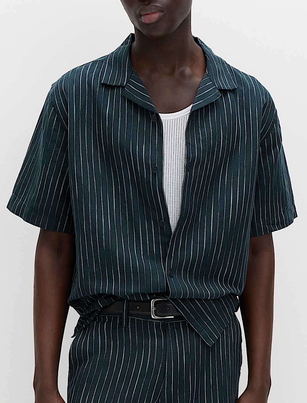 Cotton Linen Blend Striped Short Sleeve Shirt