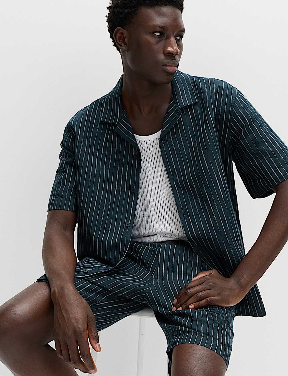 Cotton Linen Blend Striped Short Sleeve Shirt