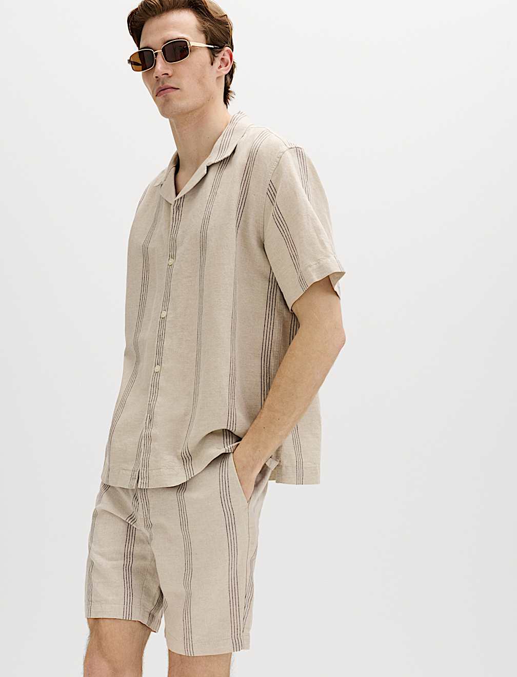 Cotton Linen Blend Striped Short Sleeve Shirt