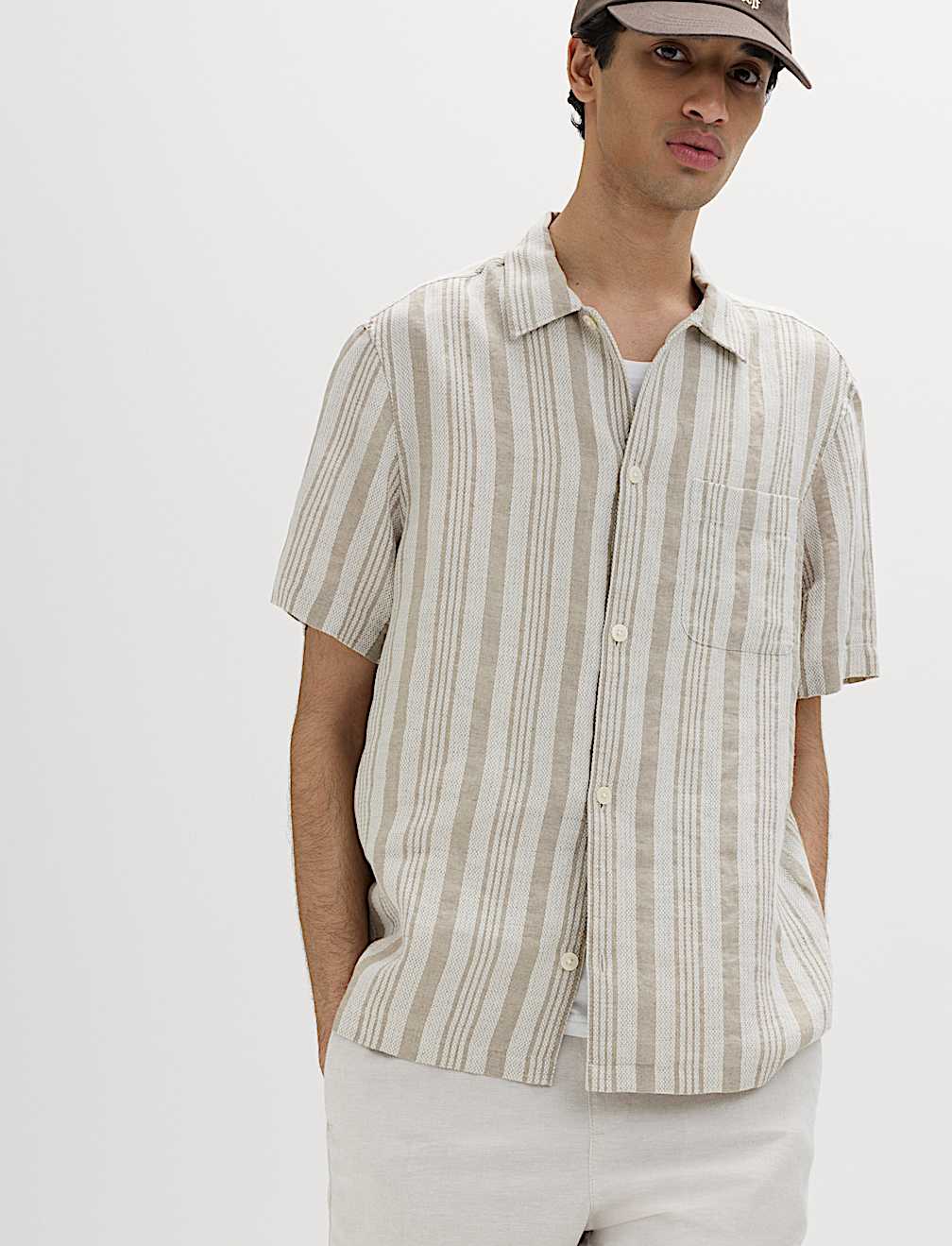 Relaxed Fit Linen Rich Striped Short Sleeve Shirt