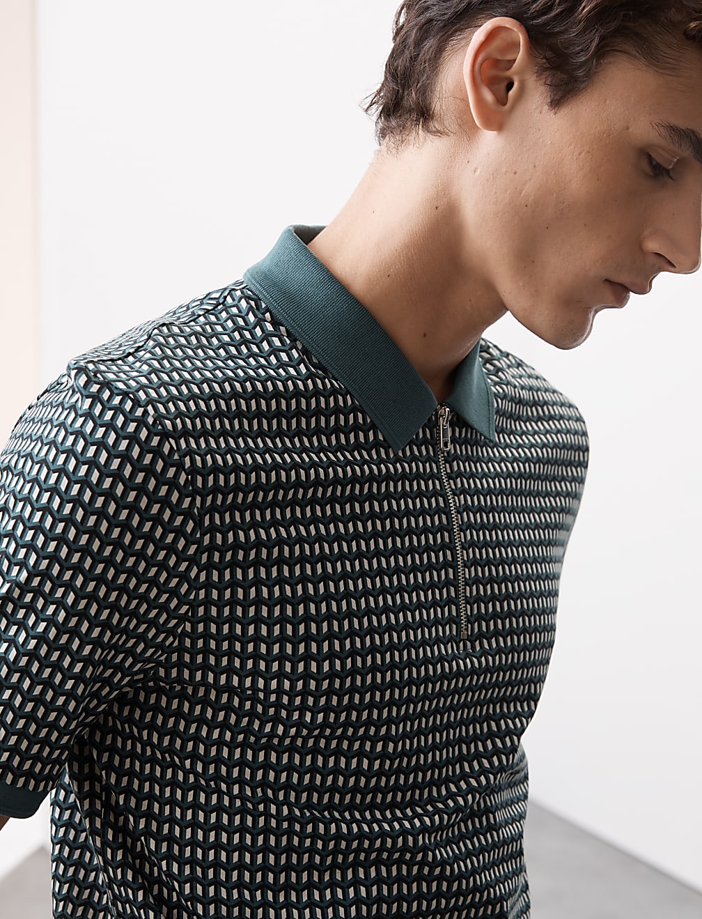 Cotton Rich Geometric Half Zip Polo Shirt