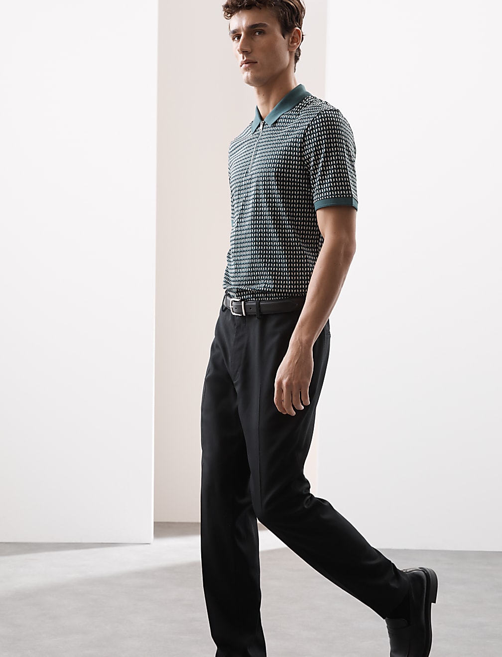 Cotton Rich Geometric Half Zip Polo Shirt
