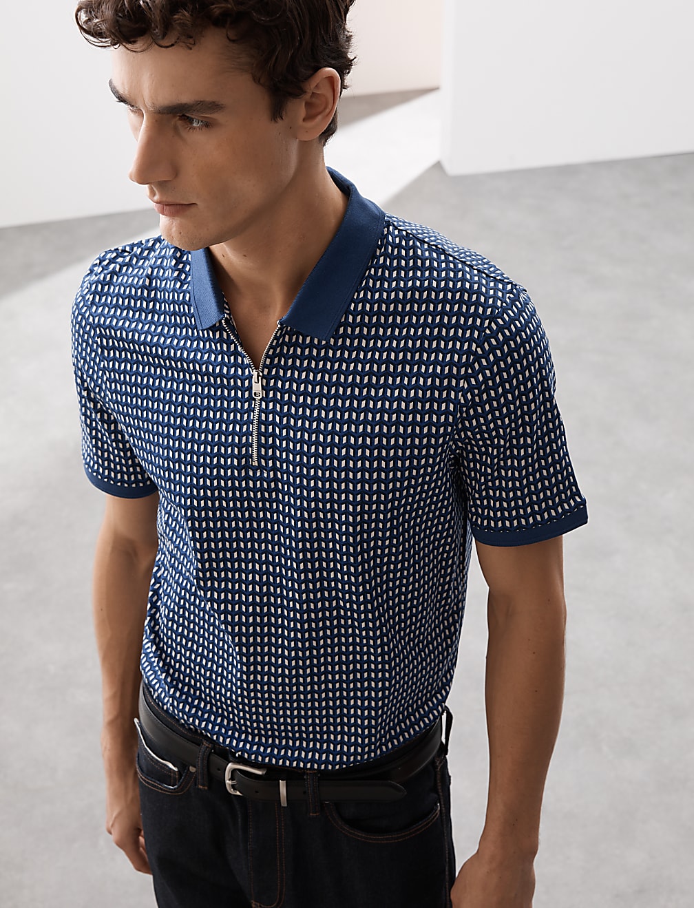 Cotton Rich Geometric Half Zip Polo Shirt