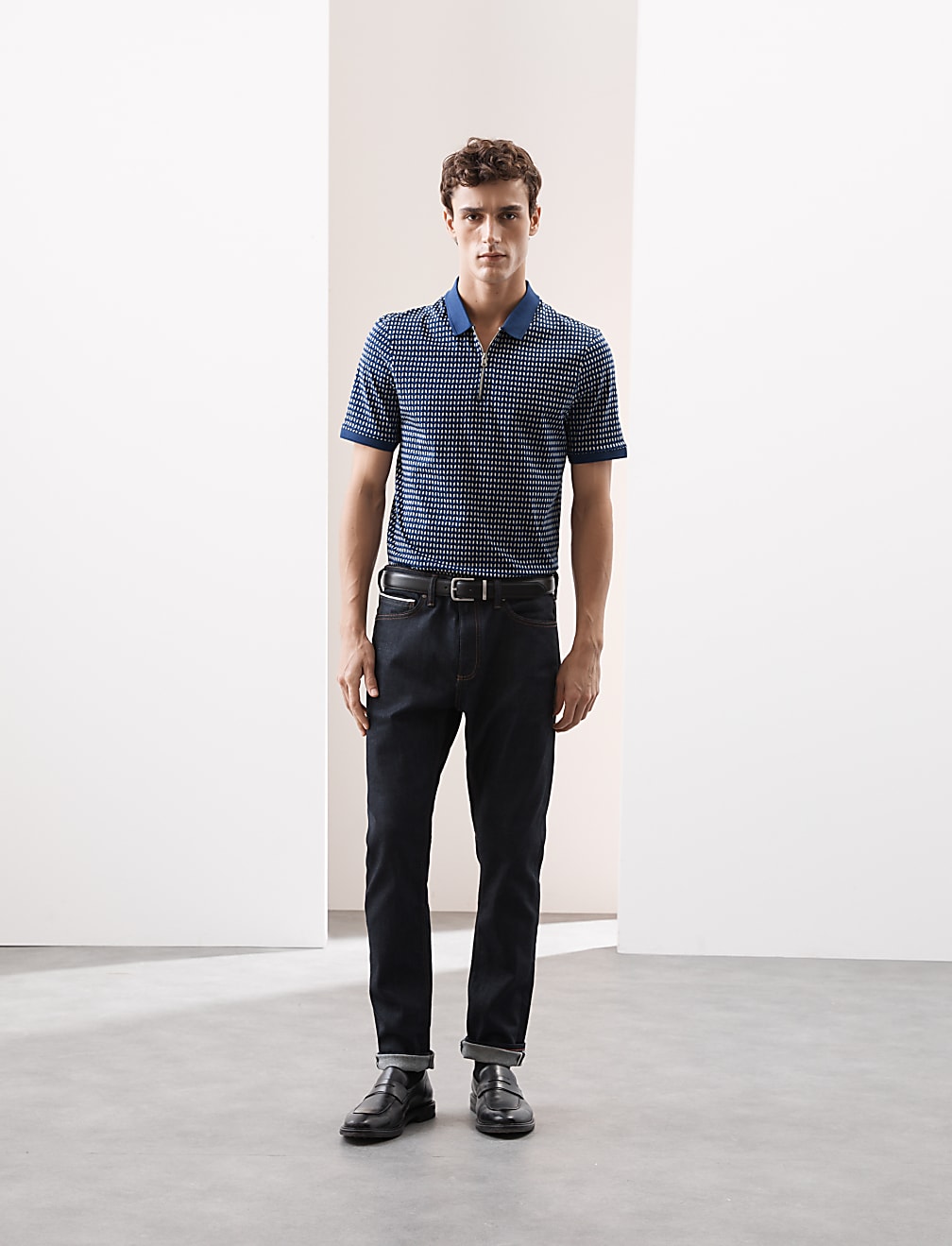 Cotton Rich Geometric Half Zip Polo Shirt